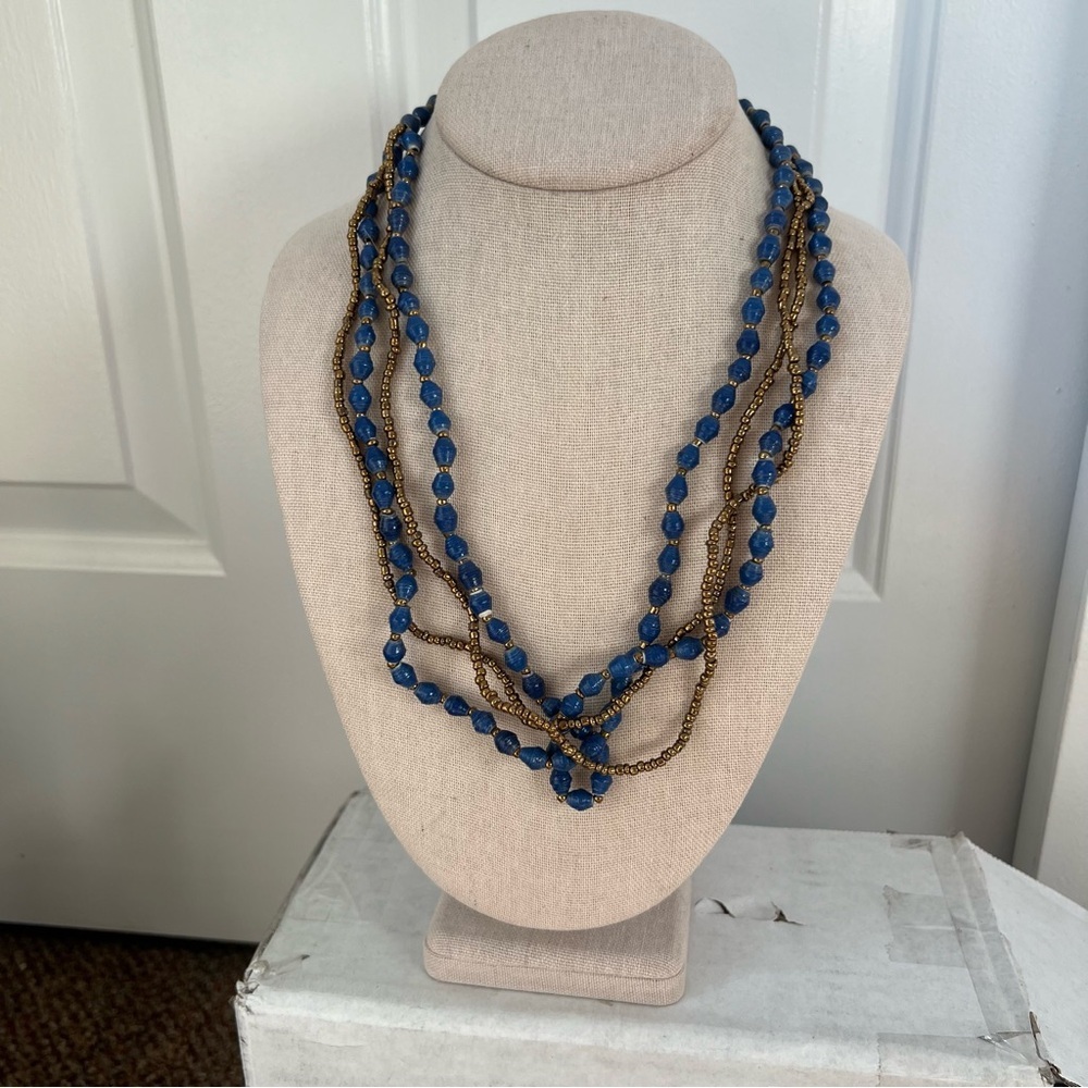 Blue bronze seed bead layered multistrand necklace screw clasp wavy fun light